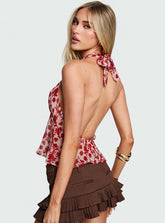 Two Ghosts Low Back Halter Top Red Floral