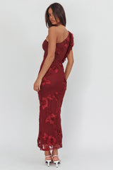 Deanna One-Shoulder Ruffle Maxi Dress Floral Texture Wine