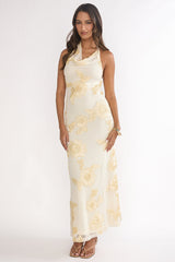 Kirralee Asymmetric Halterneck Embellished Maxi Dress Yellow