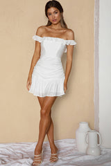 Paradis Off-Shoulder Ruched Bodice Mini Dress White