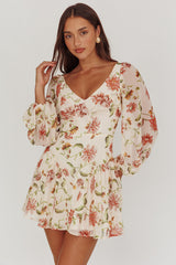 Lucky One Balloon Sleeve Mini Dress Floral Beige