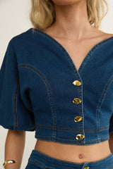 Kaelis Bubble Sleeve Button Top Denim