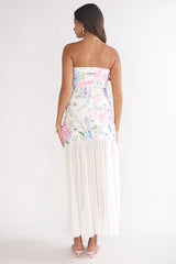 Wilma Sheer Hem Strapless Maxi Dress Flowers Blue