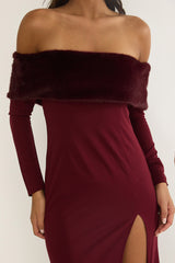 Noella Off-Shoulder Fur Trim Maxi Dress Wine