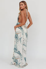 Snooze Marble Print Backless Maxi Dress Teal
