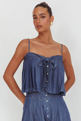 Country Girl Pleated Tie Top Dark Denim