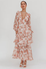 Veda Long Sleeve Floral Tiered Ruffle Maxi Dress Peach