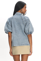 Notice Me Puff Sleeve Neck Bow Top Denim Blue