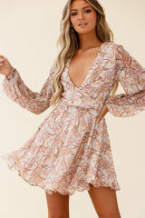 Jessinta Long Sleeve Pintuck Waist Dress Floral Print Nude
