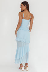 Marlie Frill Trim Rosette Maxi Dress Blue