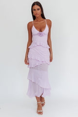 Marlie Frill Trim Rosette Maxi Dress Lilac