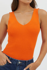 Off-Duty V-Neck Ribbed Knit Top Orange