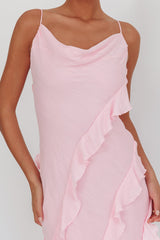 Panama Bay Ruffle Trim Cowl Neck Maxi Dress Pink