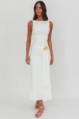 Zimora Gold Buckle Waist Drape Maxi Dress White
