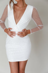 Juno Plunging Neckline Sequin Mini Dress White