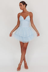 Nightingale Ruched Mesh Mini Dress Baby Blue