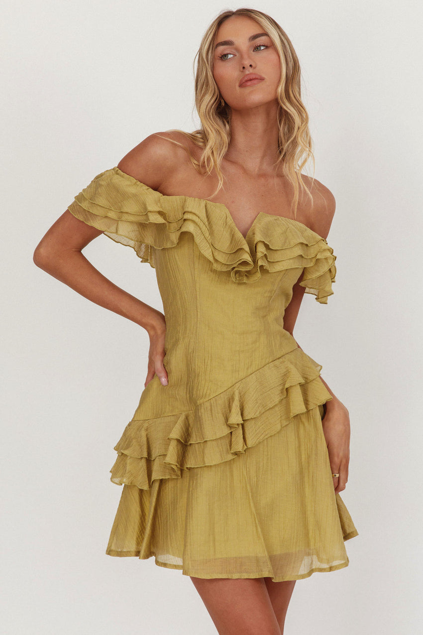 Sinclair Off-Shoulder Ruffle Trim Mini Dress Khaki