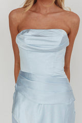 Moon Aura Pleat Detail Strapless Maxi Dress Blue