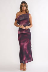 Saffra Shoulder Sash Ruched Maxi Dress Print Wine
