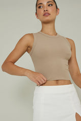 Mayra Crew Neck Crop Top Tan