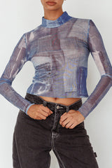 Giza Long Sleeve Mock Neck Top Print Denim Multi