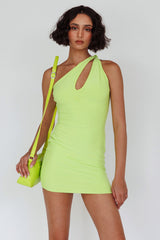 Malaga One-Shoulder Keyhole Mini Dress Lime