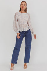 Helix Balloon Sleeves Peplum Top Dusty Blue/Peach