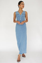 Jazelle Sleeveless Button Front Maxi Dress Denim