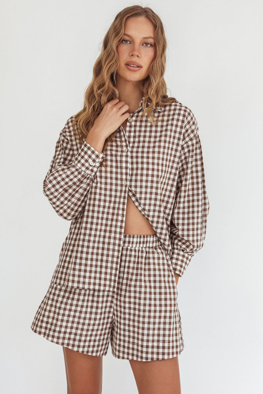 Weekends Away Elastic Waist Shorts Brown Check