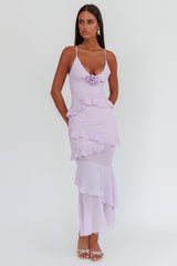 Marlie Frill Trim Rosette Maxi Dress Lilac